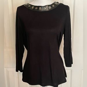Suzie Couture Top Shirt Vegan Leather Statement Neckline Black 3/4 Sleeves  XLP